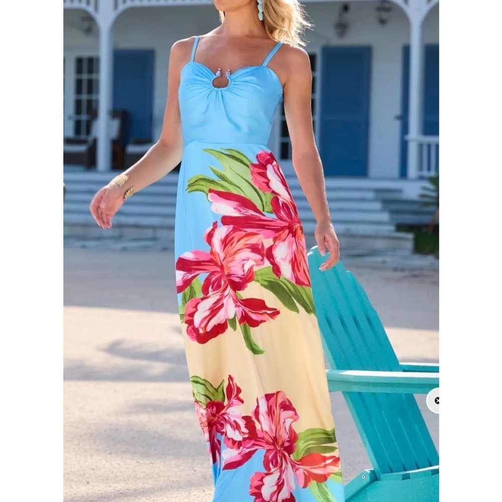 Boston Proper Floral Maxi Dress Tropical Blue Size 6 Beaded Keyhole
